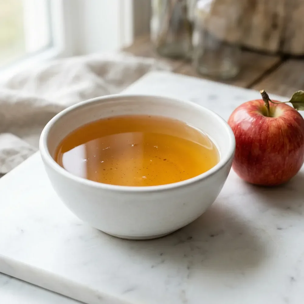 A bowl of apple cider vinegar with a fresh apple beside it
