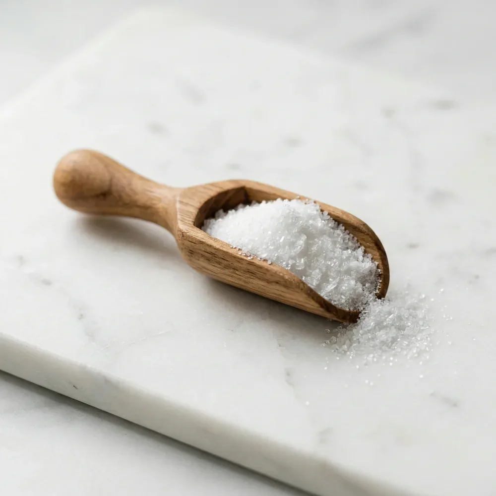 A wooden scoop of white BHB powder, the exogenous ketone blend in KetoFlow