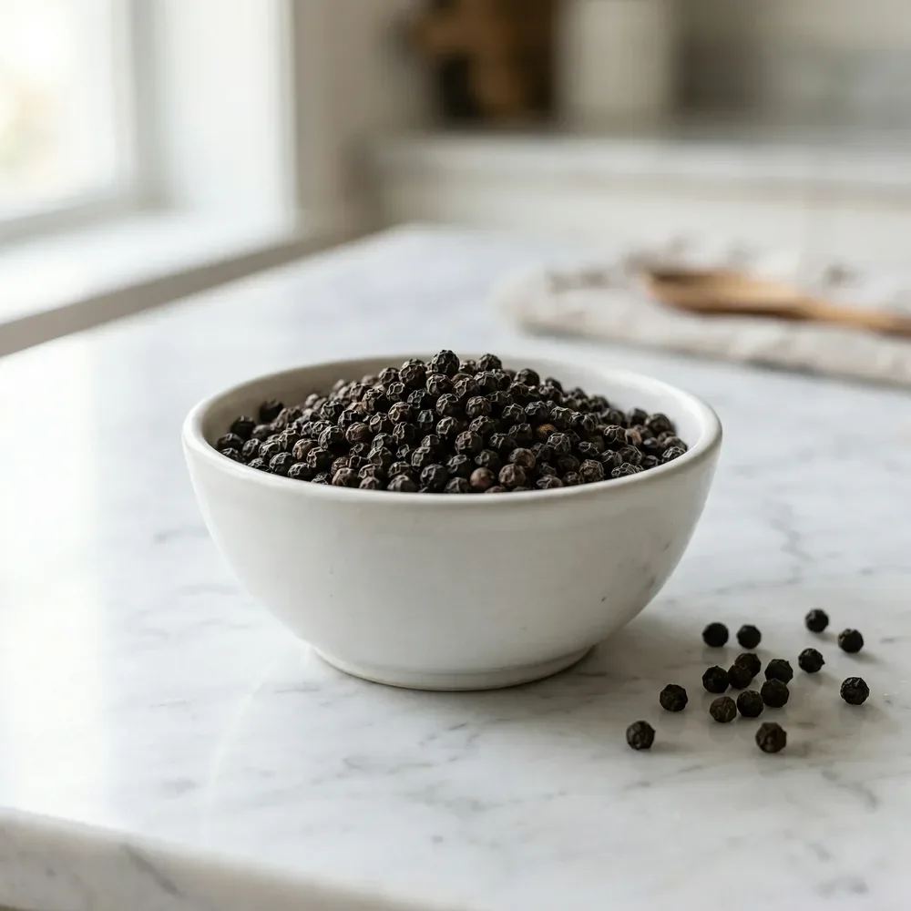 Whole black peppercorns in a white bowl, the source of piperine