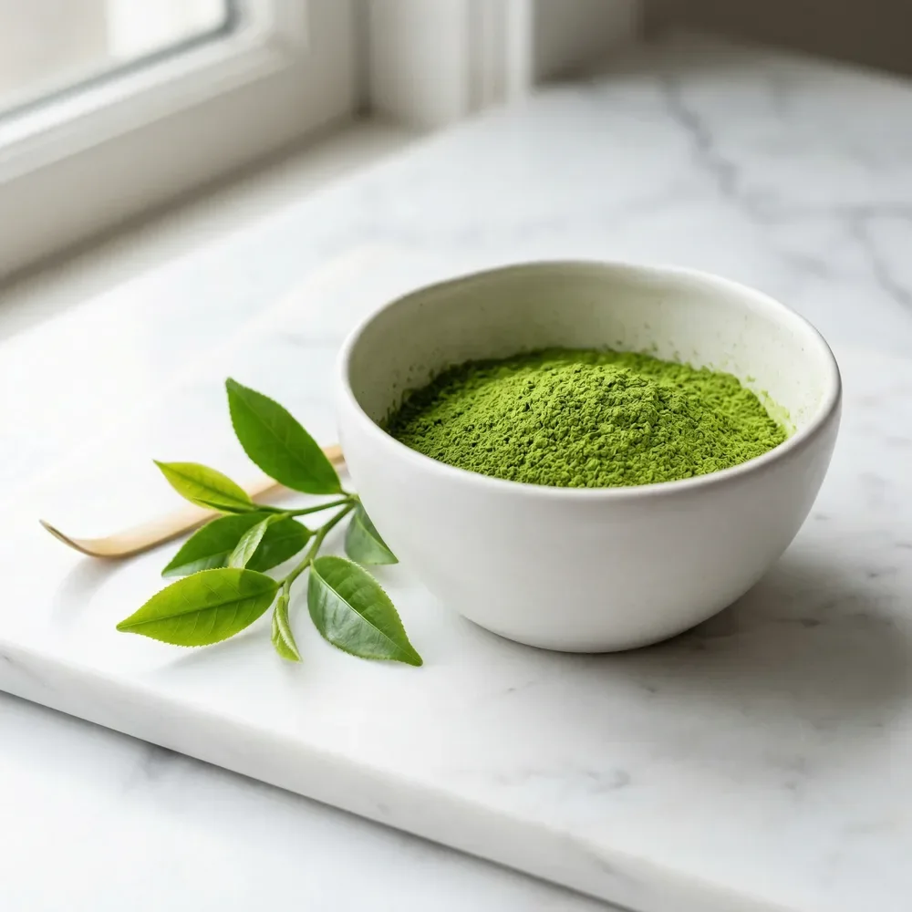 Powdered green tea in a bowl with fresh leaves, the Camellia sinensis extract