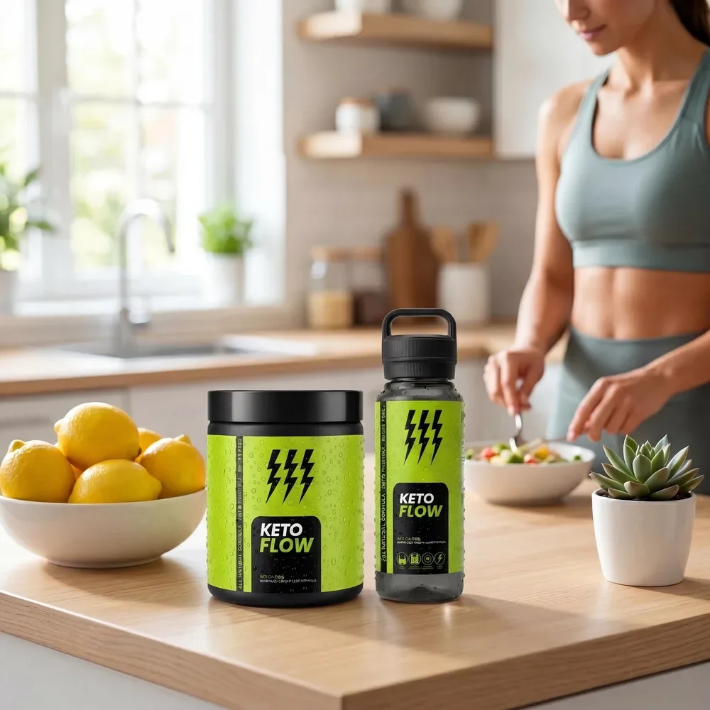 KetoFlow jars on a kitchen counter beside fresh lemons and a mixing bottle