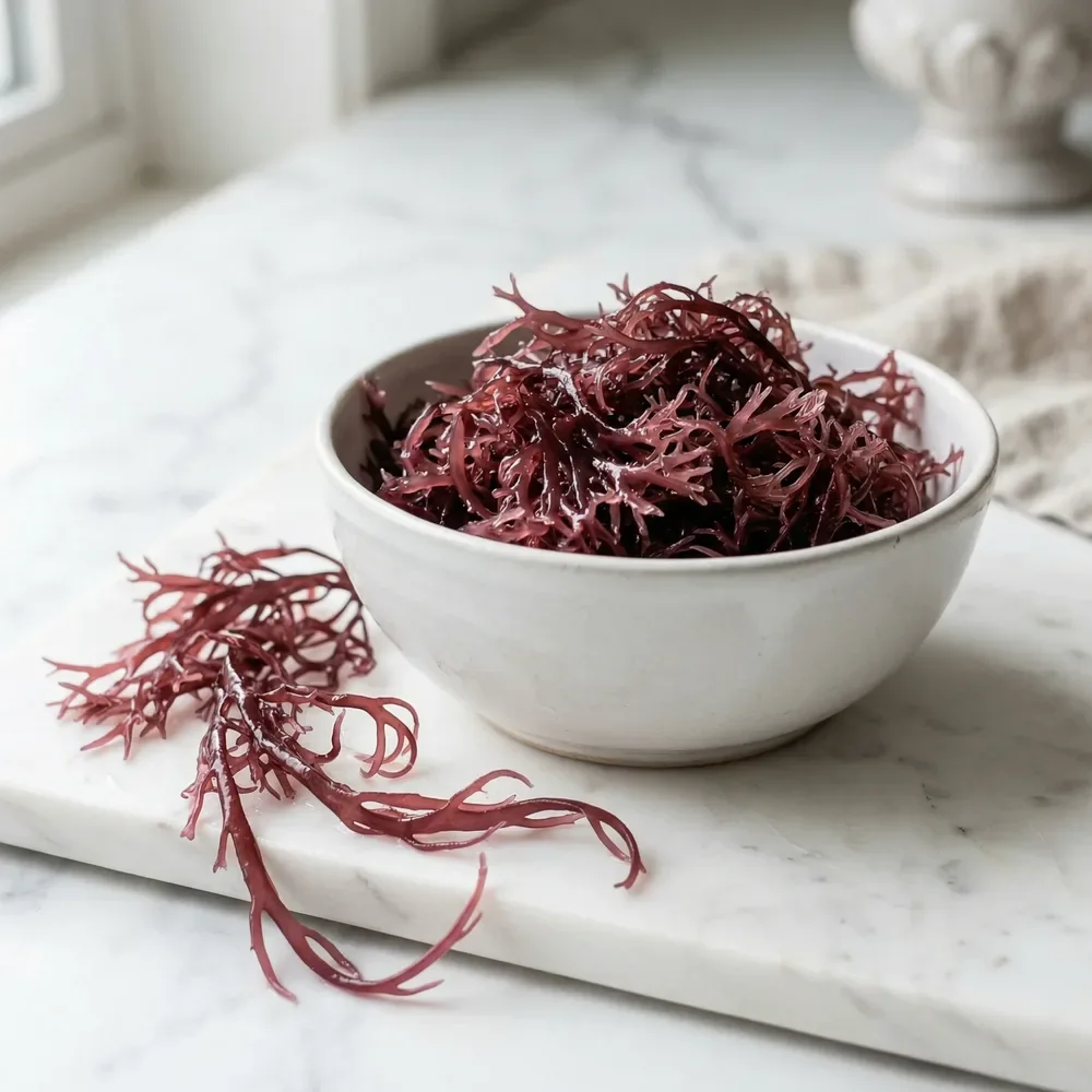 Dried Irish sea moss in a white bowl, the red seaweed Chondrus crispus