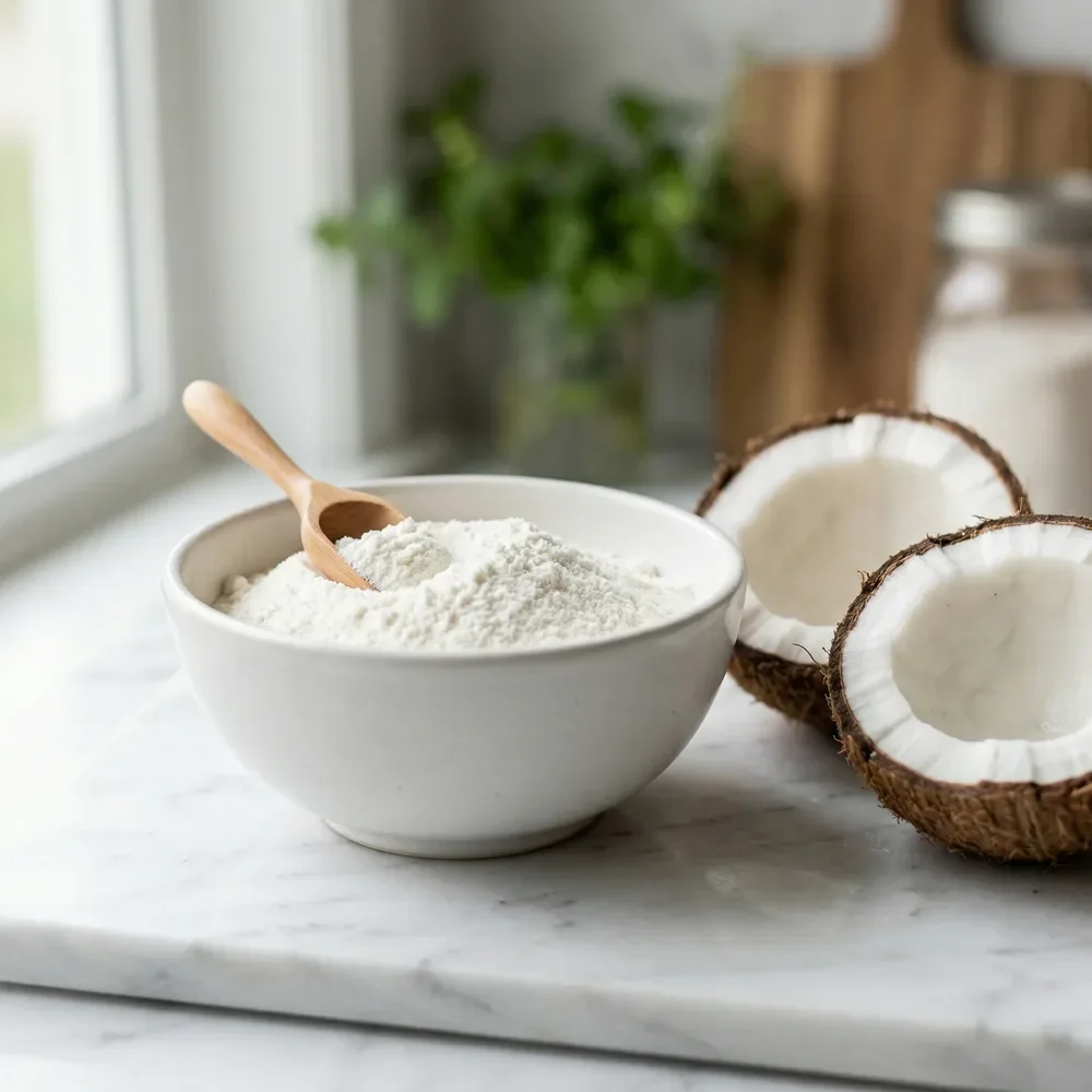 A bowl of MCT oil powder beside fresh coconut, the medium-chain triglyceride source