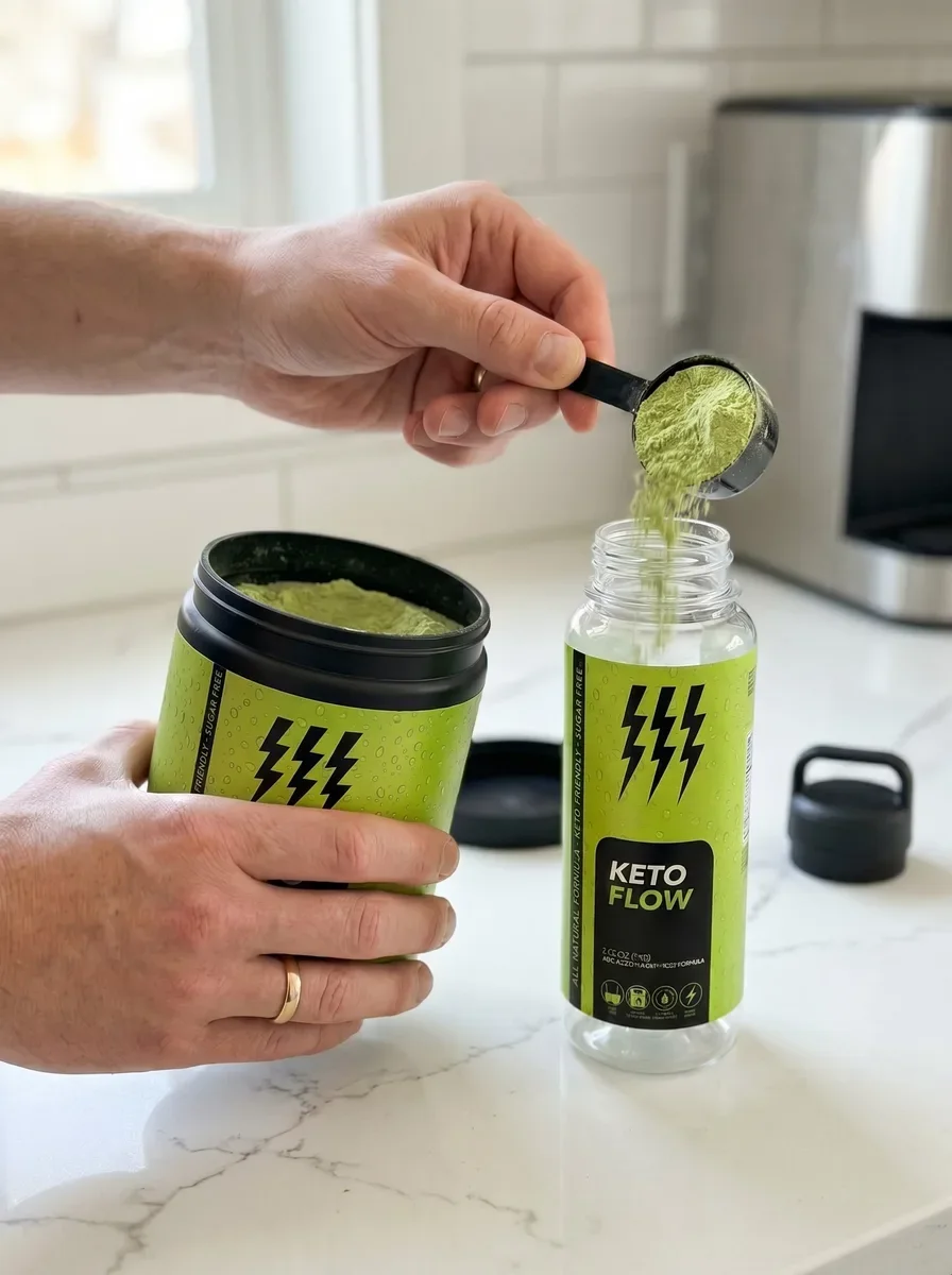 Step two: scooping KetoFlow powder into the bottle