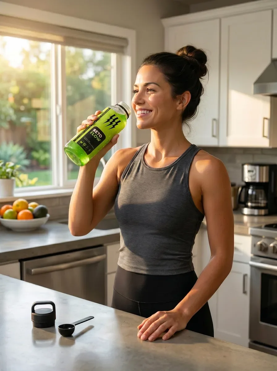 A woman drinking a mixed KetoFlow drink in a kitchen